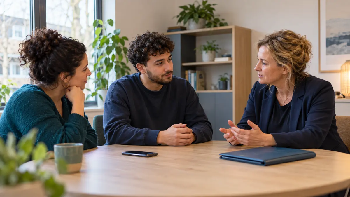 A client, professional and family member discuss the next step